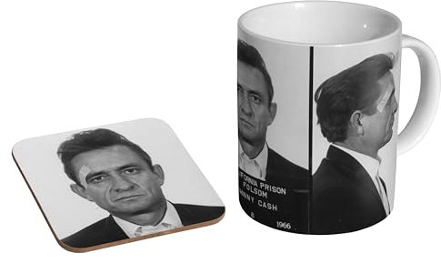 glades Johnny Cash Mugshot 1966 – Keramik-Kaffeetasse + Untersetzer, Geschenk-Set