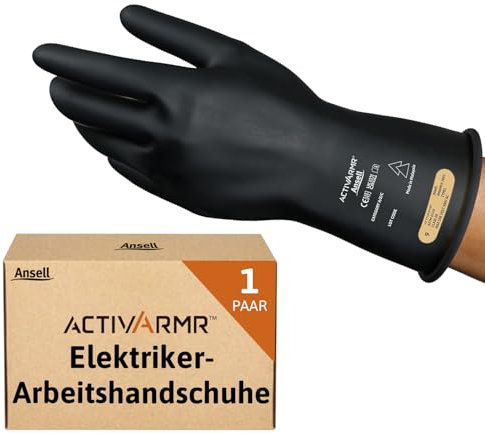 Ansell ActivArmr Guantes Aislantes Dieléctricos, Protección Eléctrica Class 0, Tensión 1000V, Trabajos con Electricidad, Látex de Caucho Natural, 36 cm, Negro, Talla M, 1 Par