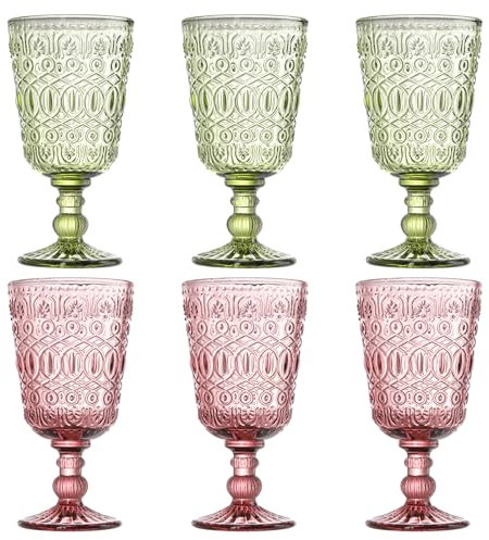 SOUJOY Set of 6 Vintage Glass Goblet, Colored Wine Glasses 10oz, Handmade Pressed Water Drinking Cup with Stem for Party, Wedding, Bar
