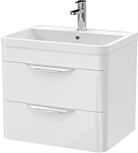 Balterley Vanity Unit with Basin Wall Hung, 2 Drawer Soft Close with Rectangular Sink and Handles, Bathroom Vanity Units with Basin, Bathroom Sink Storage Cabinet - 600 x 445 x 540mm (White)