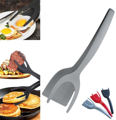Spatule à œufs 2 en 1 avec poignée et rabattable, pince à œufs, pince à œufs, crêpes, poissons, toasts, outil de cuisine pour la maison (gris)