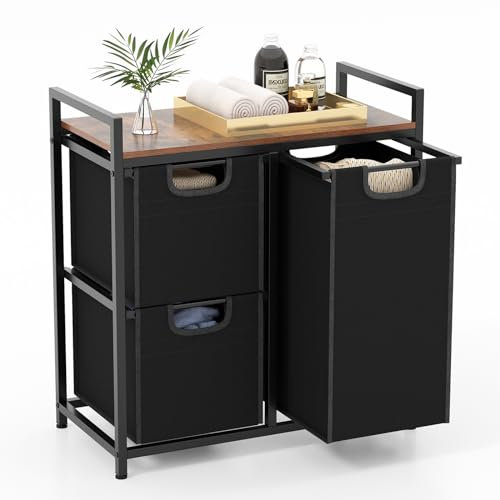 Multigot Laundry Basket, 2/3-Compartment Dirty Clothes Laundry Hamper with Removable Liner Bags, Top Shelf & Handles, Metal Frame Divided Bathroom Laundry Sorter Bin (2 Small Bags+1 Large Bag)