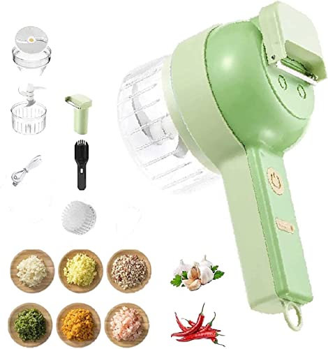 4 in 1 Handheld Electric Vegetable Cutter Set, Upgrade Mini Chopper Food Processor, Garlic Chopper Cutting Pressing Mixer Auxiliary Food Slicer for Garlic, Chili,Onion, Ginger