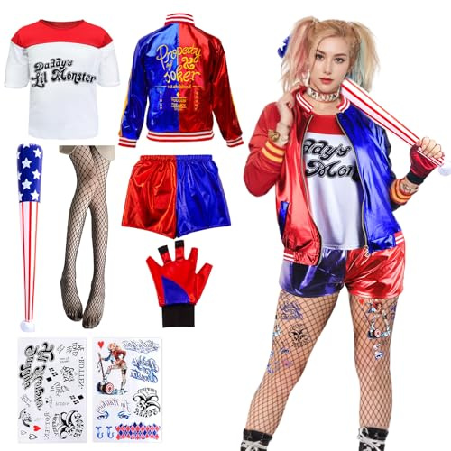 Halloween Kostüme für Erwachsene Mädchen- Damen Bösewicht Cosplay Kostüme mit Jacke T-Shirt Shorts Tattoo Handschuh Netzstrümpfe Baseballschläger für Karneval Cosplay Faschings Kostüme