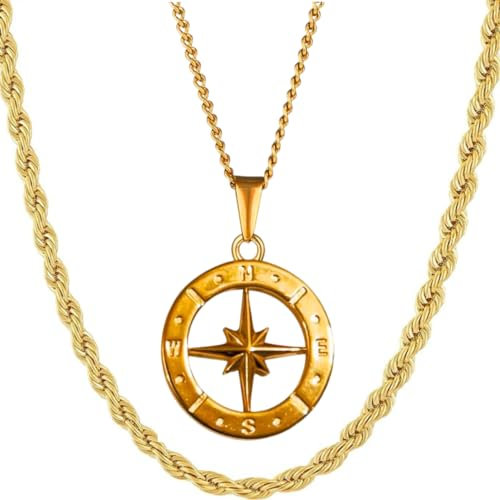 DVRK® Set di 2 Collane Uomo Oro 18k con Base in Acciaio Inossidabile 316L - Collana Uomo Oro Bussolas e Catena Cordino 55 cm Resistente all'Acqua - Gioelli, Regalo