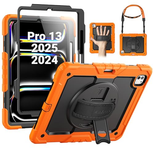 SEYMAC Funda para iPad Pro 13 Pulgadas 2024 (M4), con Protector de Pantalla, Soporte Giratorio de 360°/Correa de Mano, Correa para el Hombro, con Soporte para Bolígrafo, Naranja