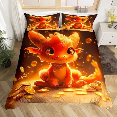 Homewish Housse de Couette 140x200 Enfant Dragon avec 1 Taie d'oreiller, Parure de Lit Animal Kawaii pour Garçon Fille, Sets de Housses de Couettes Animaux Sauvage, Couvre Lit Style 3D Anime