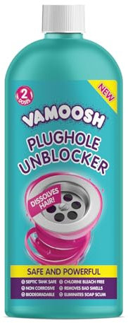 Vamoosh Plughole Unblocker, Drain Unblocker Bathroom - Dissolves Hair, Bleach-Free Bathroom Sink Unclogger, Septic Tank Safe, Fast Acting, Safe & Powerful - 2 Doses (600ml)