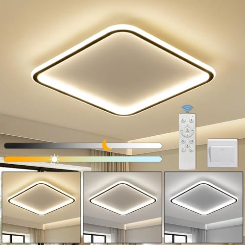 Mikeru 40CM LED Quadrat Deckenleuchte, 3000K/4500K/6500K Dimmbare Deckenleuchte 3 Farbtemperaturen Einstellbar Schwarze Badezimmer Deckenleuchten mit Remot 10% bis 100% für Wohnzimmer, Treppenhaus