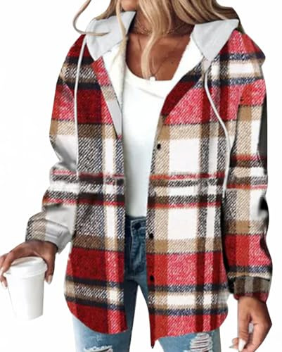 Minetom Veste a Carreaux Femme Chaud Doublure Polaire Sweat à Capuche Manches Longues Hoodie avec Boutons Automne Hiver Manteau
