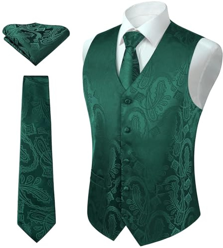 Enlision Gilets pour homme Motif cachemire Gilet de mariage Jacquard floral Cravate Pochette carrée Gilet de fête Costume Ensemble de gilet S-6XL, vert foncé, 3XL
