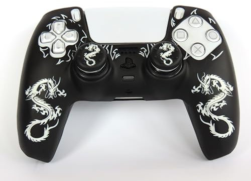 Funda Mando PS5- Impermeable, Resistente y Antideslizante -Diseño Dragón(Blanco) - Protección Segura para Mandos ps5 Duraderos- con Juego de empuñaduras a Juego con la Funda para ps5