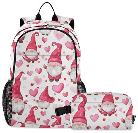 miaozhen Mochila con forma de corazón de melocotón y gnomos con lonchera para niños, bolsa escolar y lonchera para niños de 10 a 12 años, Forma de corazón de melocotón y gnomos, 1 size, Mochilas