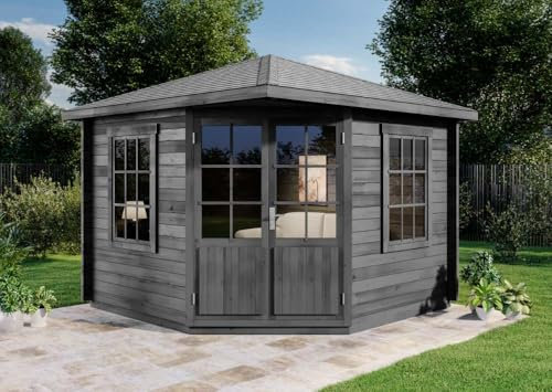 Alpholz 5-Eck Gartenhaus Modell Monica Gartenhaus aus Holz in Grau, Holzhaus mit 28 mm Wandstärke, Blockbohlenhaus mit Montagematerial