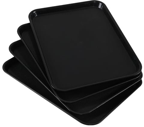 Minekkyes Rectangular Restaurant Cafeteria Tray, Set of 4 Plastic Breakfast Tray, Black