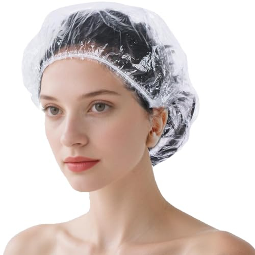 50 cuffie da doccia usa e getta, in plastica trasparente, per trattamento dei capelli, spa, casa, cucina, hotel, viaggi (43 cm)