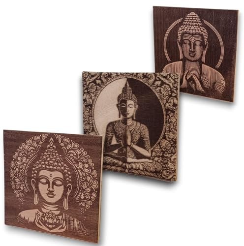 grabewood Set di 3 Quadri in Legno con Buddha – Decorazione da Parete Zen, Spirituale e Rustica – Arte Ideale per Soggiorno, Camera da Letto, Corridoio, Spazi di Meditazione, Yoga e Relax in Casa
