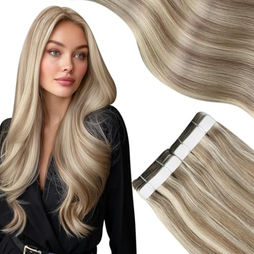 Moresoo Tape in Hair Extensions Light Brown Highlighted Platinum Blonde Tape in Human Hair Extensions Remy Silky Hair 24 Inch 20pcs 50G #9A/60