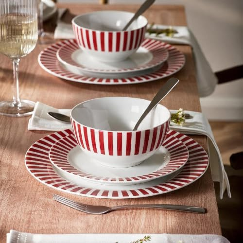 Waterside 12pc Red Stripe Porcelain Dinner Set | 4 Dinner Plates, 4 Side Plates, 4 Deep Bowls, Dishwasher & Microwave Safe