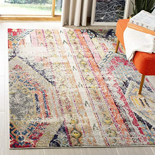 SAFAVIEH Boho Teppich für Wohnzimmer, Esszimmer, Schlafzimmer - Monaco Collection, Kurzer Flor, Hellgrau und Multi, 155 X 231 cm