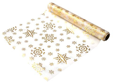 khevga 5 Meter Tischläufer Tischband Tischrolle Organza Weihnachten in Gold Silber 5 Meter x 0.36 m