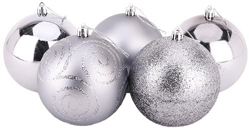 Christmas Concepts® 5er Pack - Extra große 100mm Christbaumkugeln - Glänzend, Matt & Glitterdekorierte Kugeln (grau)
