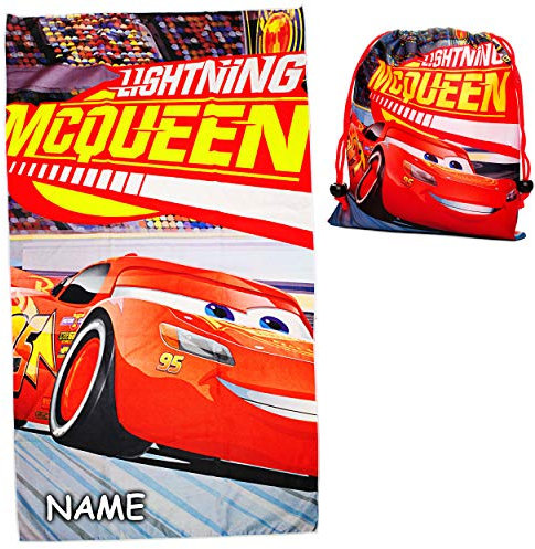 alles-meine.de GmbH 2 TLG. Set Badetuch/Strandtuch & Turnbeutel - Cars - Auto - inkl. Name - 70 cm * 140 cm - Frottee/Velours - Handtuch - Jungen - 70x140 für Kinder - ..