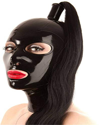 MFMYEE Bondage-Latex-Maske, BDSM-Fetisch-Kopfbedeckung, Cosplay, Reißverschluss Hinten, Halloween-Maske Mit Perücke (Schwarz)