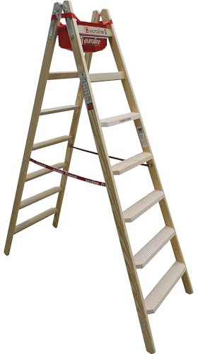 Holz-Stehleiter mit Komfort-Stufen, beidseitig begehbar, 2 x 7 Stufen.