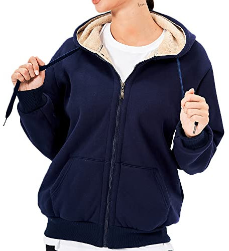 LBL Veste Polaire Femme Chaud Doublure Polaire Zippée à Capuche Sweat-shirt Manches longues pour Hiver Bleu Marine S