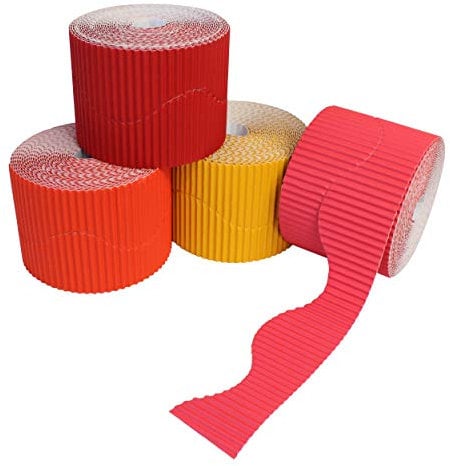 Bright Ideas Corrugated Border Rolls for School Displays, Red/Orange Assortment, 4 Pack, 57mm x 7.5m (15m When Split), BI7870