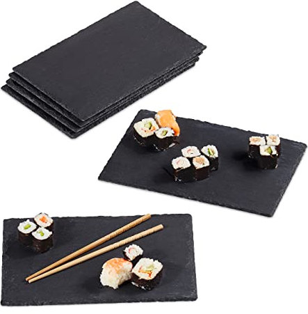Relaxdays Plateau en ardoise, lot de 6, 26 x 16 cm, assiette de présentation, rectangulaire, plat de service, anthracite