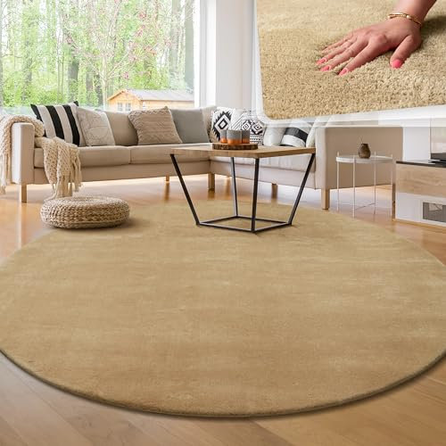 Paco Home Moderner Kuscheliger Wohnzimmer Teppich Kurzflor waschbar flauschig Weich Einfarbig Felloptik zeitlos stilvoll rutschfest pflegeleicht, Grösse:120 cm Rund, Farbe:Beige