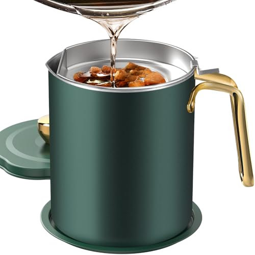 Chihee Aceite Colador Lata de grasa 2L Colador de alimentos Acero Inoxidable Contenedor de Aceite con colador de malla fina Tapa antipolvo Bandeja para almacenar Aceite para freír Grasa para cocinar