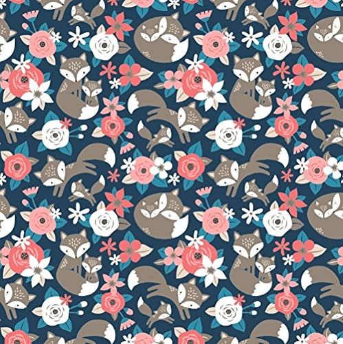 11,99€/m 100x160cm Fuchs 100% Baumwolle Baumwollstoff Kinder Meterware Handwerken Nähen Stoff (Fuchs Blume Dunkelblau, 100x160cm (11,99€/m))