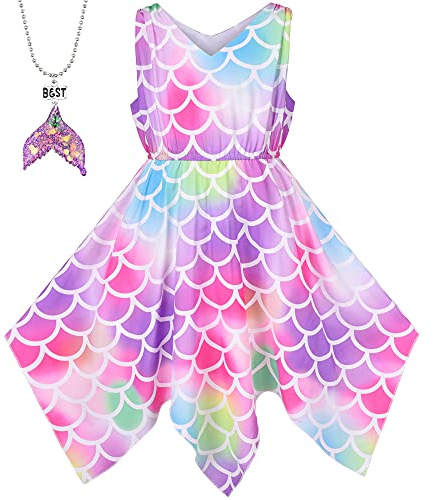 Sunny Fashion Mädchen Kleid Regenbogen Bunt Fisch Rahmen Meerjungfrau Hanky ​​Hem Schwanz Halskette Gr. 146