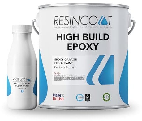 Resincoat High Build Epoxy Garage Floor Paint, Two-Part Epoxy Coating, High Gloss Finish, Solvent Free Formula, Tough & Durable Concrete Floor Paint, Made in the UK, Light Grey, 5kg