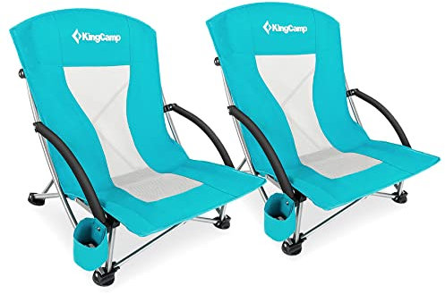 KingCamp Niedriger Strandstuhl, faltbar, tragbar, leicht, für Erwachsene, mit Getränkehalter, Tasche, Tragetasche für Outdoor, Camping, Konzert, Festival, Reisen, Sport, Rasen, Sand, Cyan