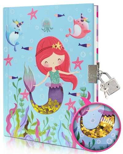 Tagebuch Mädchen mit Schloss, 17,8x13,5cm 80 Linierte Blätter Schüttelbares Pailletten-Meerjungfrau Notizbuch Mädchen Kinder Tagebuch zum Schreiben Teenager Geschenke Mädchen & Jungen 6-12 Jahren