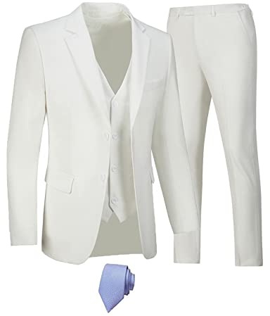 Furuyal Herren-Anzug-Set, 3-teilig, schmale Passform, Zwei Knöpfe, für Hochzeit, Business, Smoking, Jacke, Weste, Hose mit Krawatte