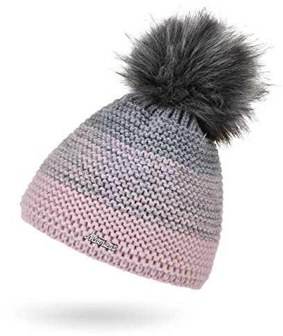 Neverless® Damen Mütze gefüttert Fleece-Innenfutter Fell-Bommel Kunstfell Wintermütze Bommelmütze Grobstrick Mehrfarbig rosa-grau Unisize