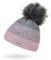 Neverless® Damen Mütze gefüttert Fleece-Innenfutter Fell-Bommel Kunstfell Wintermütze Bommelmütze Grobstrick Mehrfarbig rosa-grau Unisize