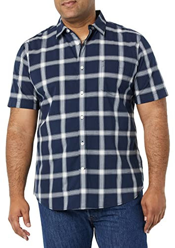 Amazon Essentials Chemise en Popeline à Manches Courtes Coupe Ajustée Homme, Bleu Marine Blanc Carreaux Lainés, XL