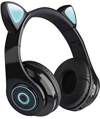 Auriculares Bluetooth, orejas de gato con luces LED, negro, micrófono, SD, VZV-B39