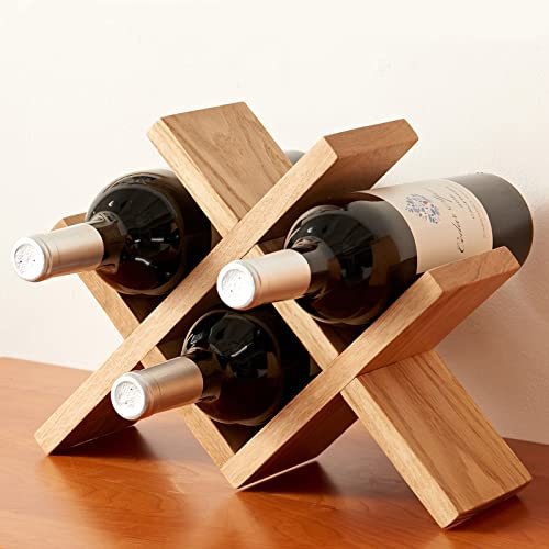 Wine Rack Countertop Oak Wooden Wine Bottle Holder Rustic Free Standing Wine Storage Racks for Tabletop, Hutches and Display Cabinets - No Assembly Required (Natural)
