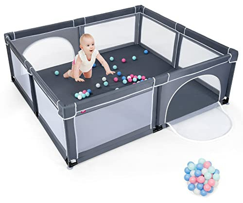 GOPLUS Baby Laufstall mit 50 Spielbällen, Krabbelgitter für Kleinkinder & Säulinge, Laufgitterzelt mit atmungsaktivem Netz, Reisebett mit Tür und Reißverschluss, mehrfarbig (206x186cm, Dunkelgrau)