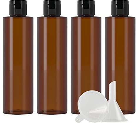 ZEOABSY 4 Pieces Empty 250ml Brown Plastic PET Bottles with Black Flip Cap, Flat Shoulder Cosmetic Bottle for Travel Gel Soap Toner Refillable Sample Containers