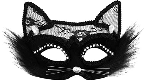 Lusofie Katzenmaske Schwarze Spitzenmaske Maske Mädchen Damen Augenmaske | Damen Halloween Maskerade Kostüm, Sexy Lace Cat Mask, für Halloween, Weihnachts, Karneval, Partytanz, Modenschau