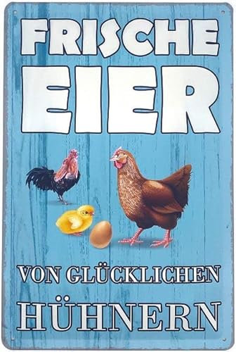 Blechschild 30 x 20 cm Spruch: Frische Eier von Glücklichen Hühnern - DekoNo7
