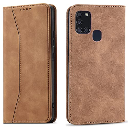 OKZone Kompatibel mit Samsung Galaxy A21S Hülle, Magnet Leder Tasche Handyhülle, Kartenfächer Schutzhülle, [Premium PU Leder] Flip Klappbare Stoßfeste Magnetische Standfunktion (Khaki)